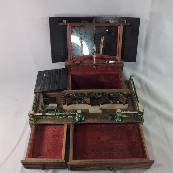 Vintage Japanese Cottage Music Box Trinket Jewelry Brown Wood Large Ballerina - Picture 5 of 16